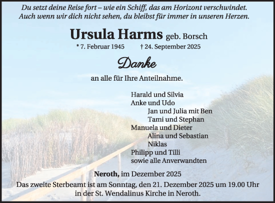 Traueranzeige von Ursula Harms von WochenSpiegel