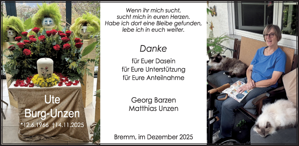  Traueranzeige für Ute Burg-Unzen vom 17.12.2025 aus WochenSpiegel