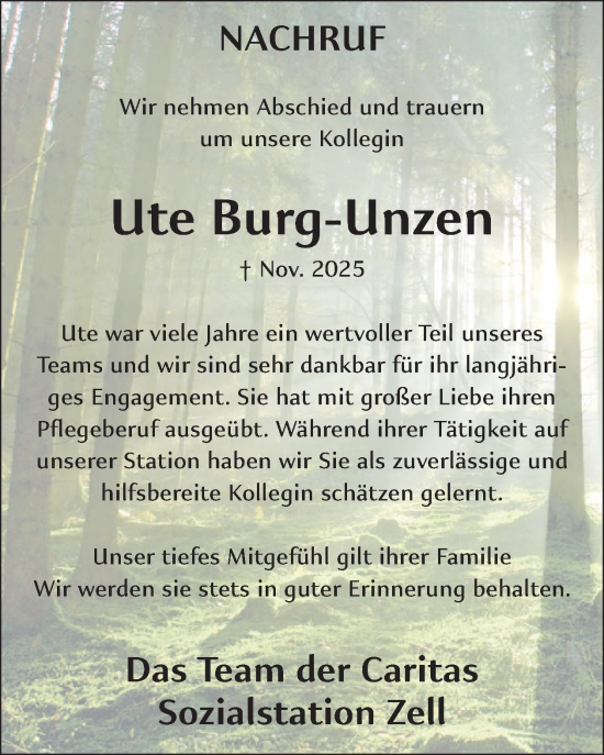 Traueranzeige von Ute Burg-Unzen von WochenSpiegel