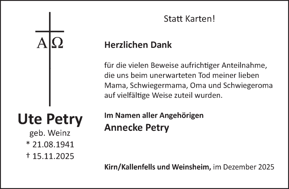  Traueranzeige für Ute Petry vom 06.12.2025 aus WochenSpiegel