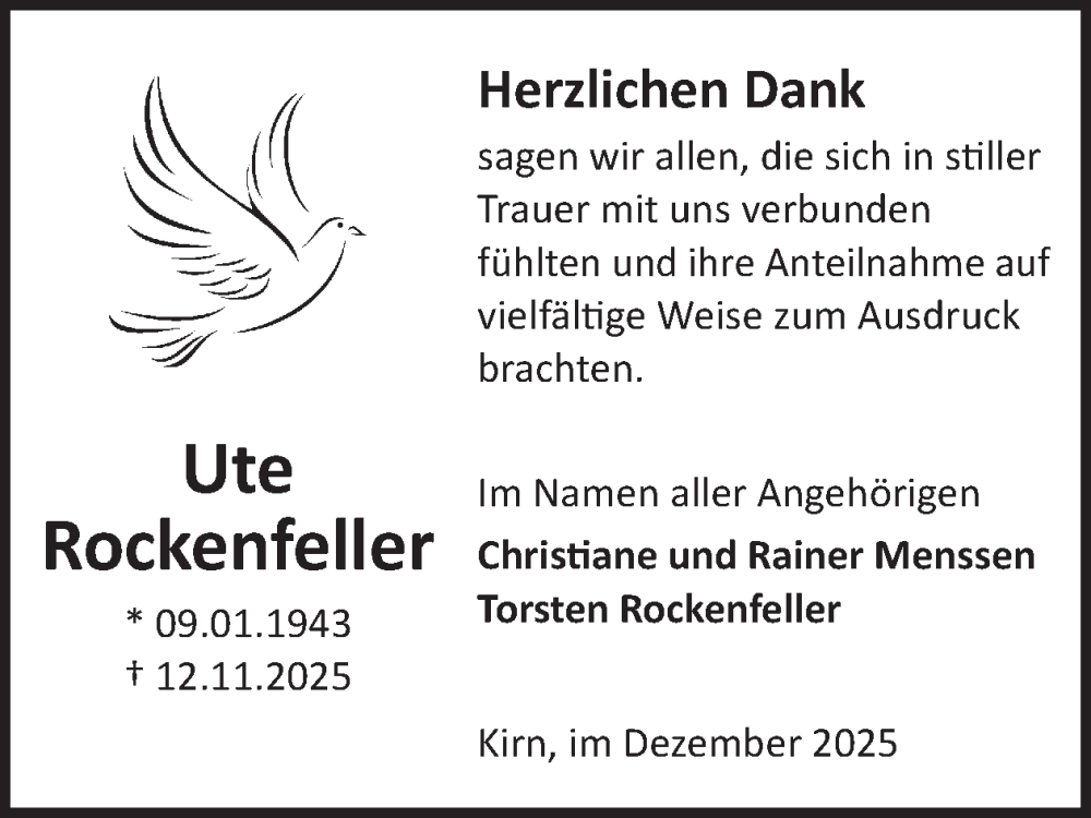  Traueranzeige für Ute Rockenfeller vom 20.12.2025 aus WochenSpiegel
