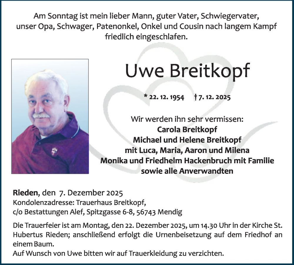  Traueranzeige für Uwe Breitkopf vom 17.12.2025 aus WochenSpiegel