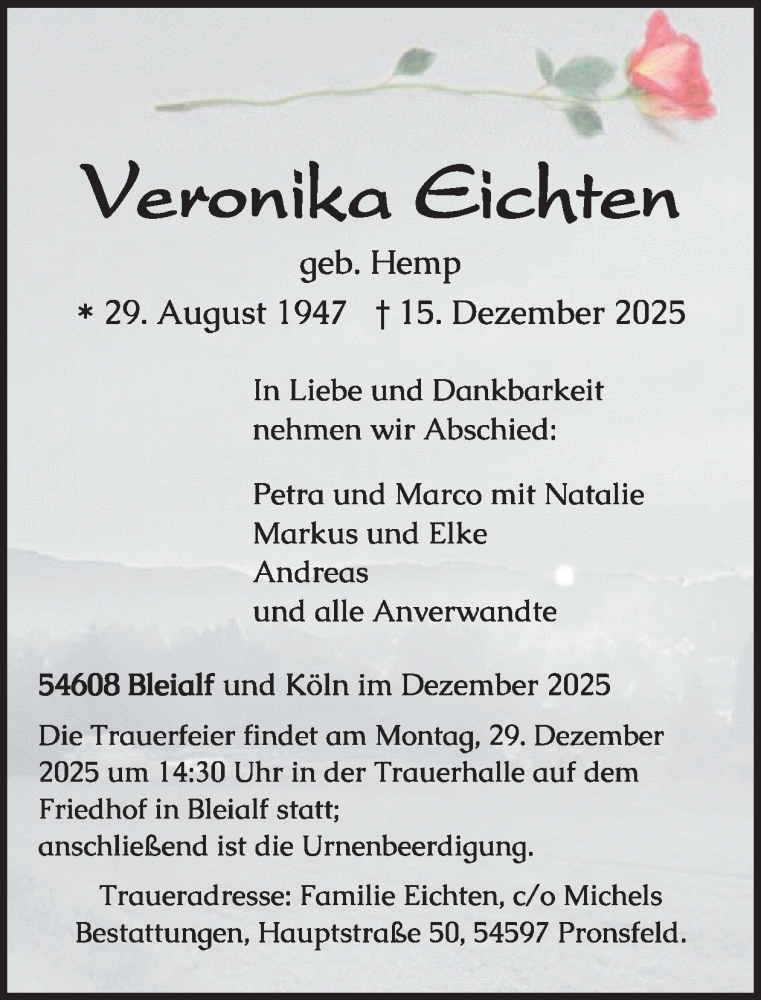  Traueranzeige für Veronika Eichten vom 26.12.2025 aus WochenSpiegel