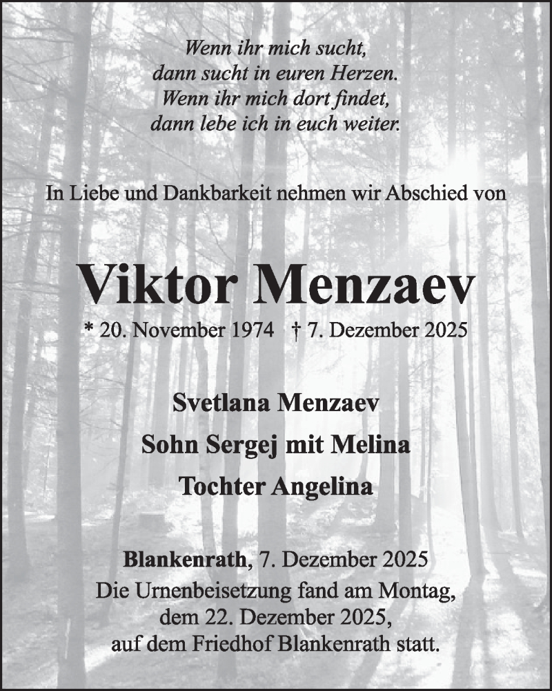  Traueranzeige für Viktor Menzaev vom 24.12.2025 aus WochenSpiegel
