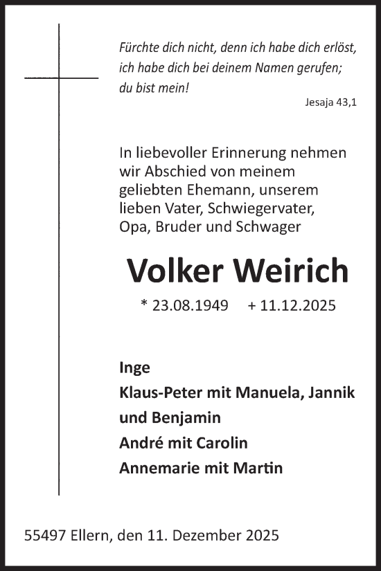 Traueranzeige von Volker Weirich von WochenSpiegel