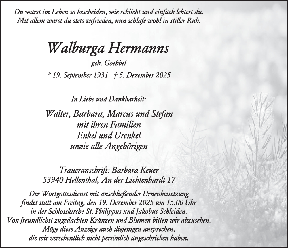  Traueranzeige für Walburga Hermanns vom 10.12.2025 aus WochenSpiegel