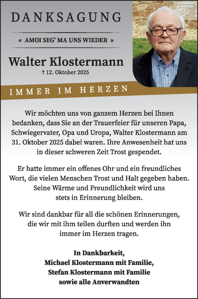  Traueranzeige für Walter Klostermann vom 06.12.2025 aus WochenSpiegel