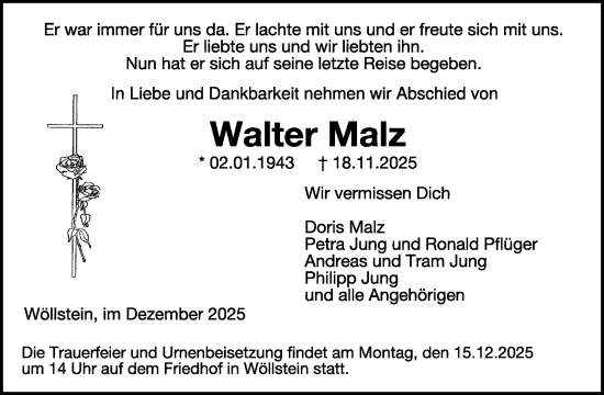 Traueranzeige von Walter Malz von WochenSpiegel