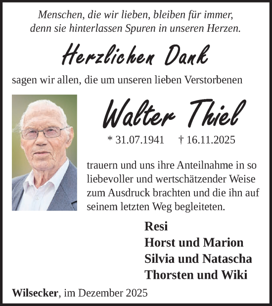 Traueranzeige von Walter Thiel von WochenSpiegel