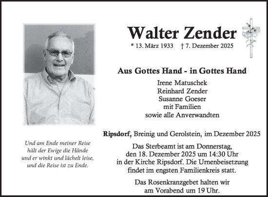 Traueranzeige von Walter Zender von WochenSpiegel