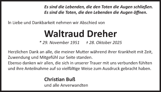 Traueranzeige von Waltraud Dreher von WochenSpiegel