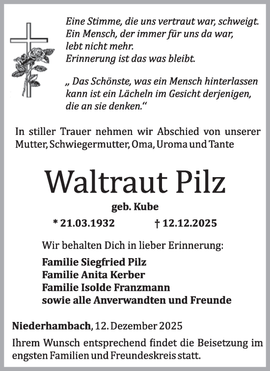Traueranzeige von Waltraut Pilz von WochenSpiegel