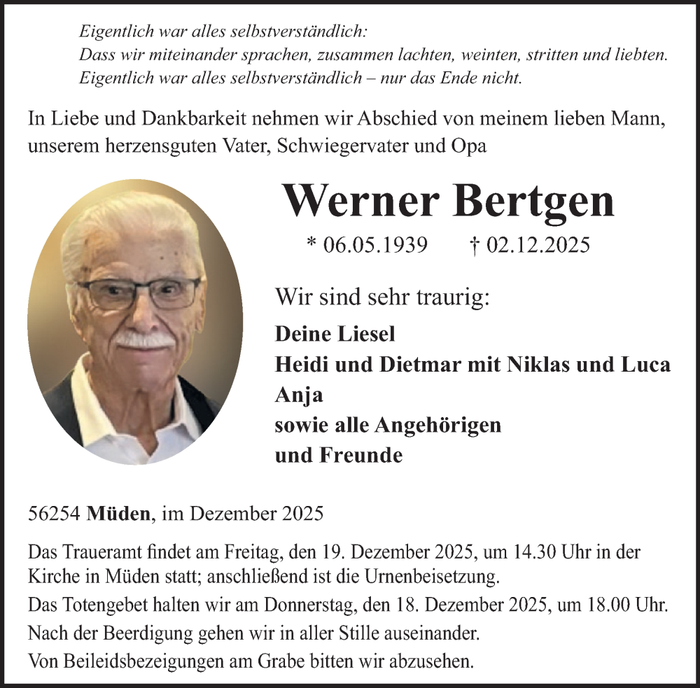  Traueranzeige für Werner Bertgen vom 17.12.2025 aus WochenSpiegel
