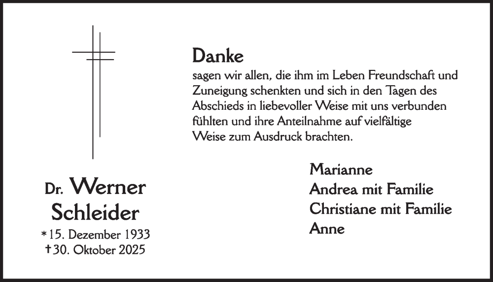  Traueranzeige für Werner Schleider vom 03.12.2025 aus WochenSpiegel