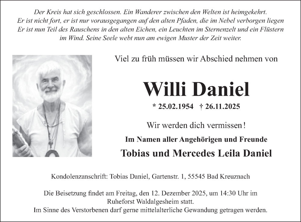  Traueranzeige für Willi Daniel vom 13.12.2025 aus WochenSpiegel