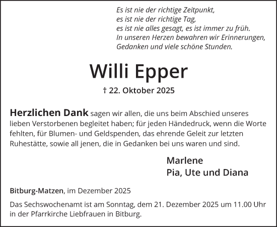 Traueranzeige von Willi Epper von WochenSpiegel