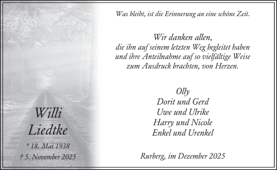 Traueranzeige von Willi Liedtke von WochenSpiegel