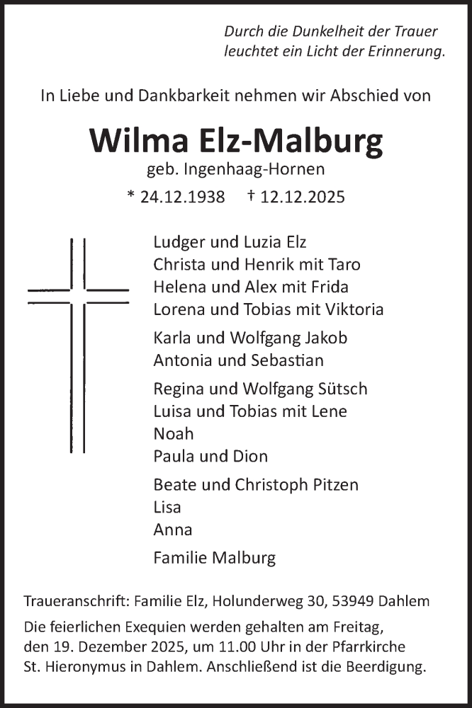  Traueranzeige für Wilma Elz-Malburg vom 17.12.2025 aus WochenSpiegel