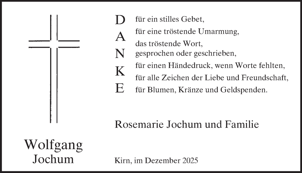  Traueranzeige für Wolfgang Jochum vom 13.12.2025 aus WochenSpiegel