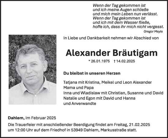 Traueranzeige von Alexander Bräutigam von WochenSpiegel