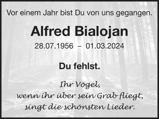 Traueranzeige von Alfred Bialojan von WochenSpiegel