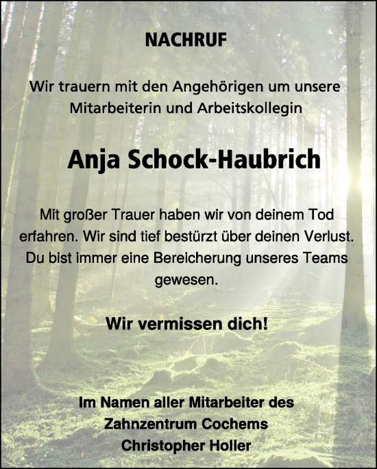 Traueranzeige von Anja Schock-Haubrich von WochenSpiegel