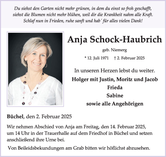 Traueranzeige von Anja Schock-Haubrich von WochenSpiegel