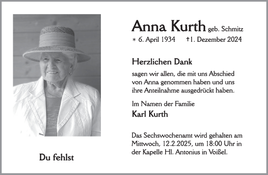 Traueranzeige von Anna Kurth von WochenSpiegel