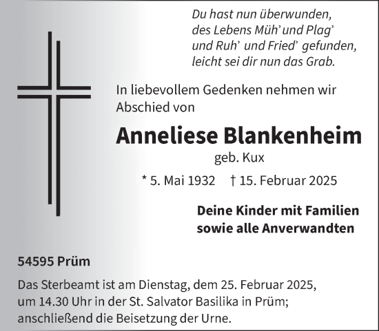 Traueranzeige von Anneliese Blankenheim von WochenSpiegel