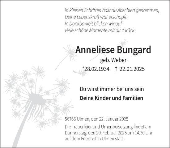 Traueranzeige von Anneliese Bungard von WochenSpiegel