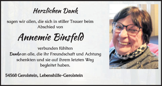 Traueranzeige von Annemie Binsfeld von WochenSpiegel