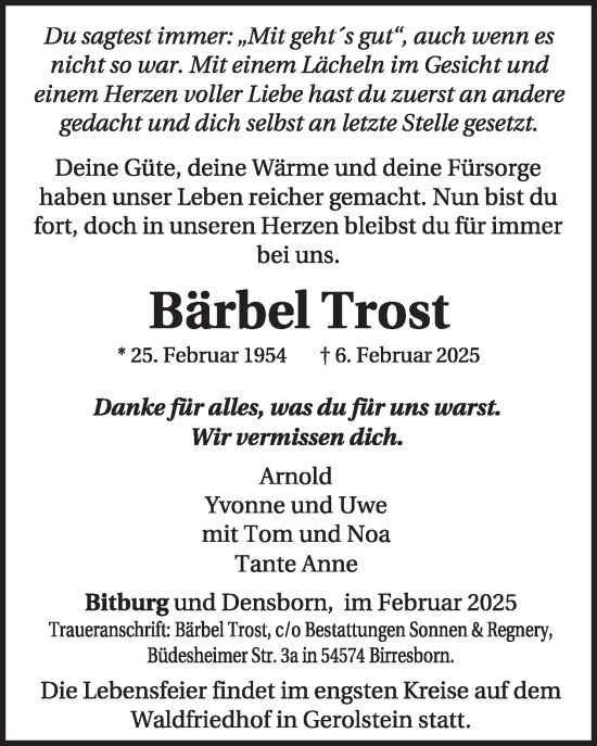 Traueranzeige von Bärbel Trost von WochenSpiegel