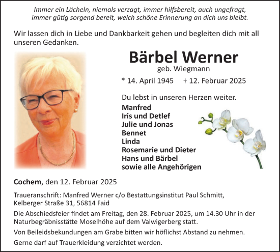 Traueranzeige von Bärbel Werner von WochenSpiegel