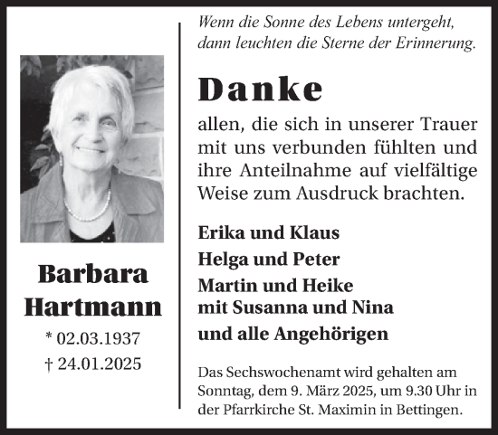 Traueranzeige von Barbara Hartmann von WochenSpiegel