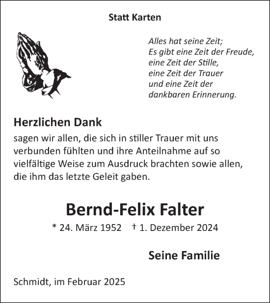 Traueranzeige von Bernd-Felix Falter von WochenSpiegel