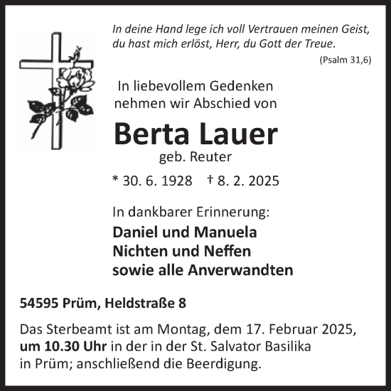 Traueranzeige von Berta Lauer von WochenSpiegel