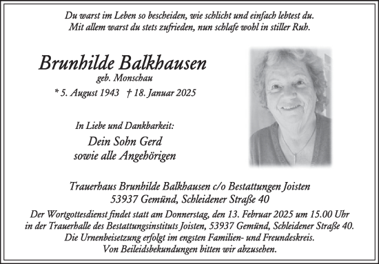 Traueranzeige von Brunhilde Balkhausen von WochenSpiegel