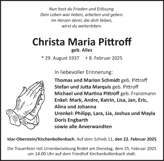 Traueranzeige von Christa Maria Pittroff von WochenSpiegel