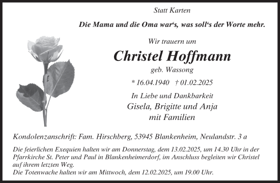 Traueranzeige von Christel Hoffmann von WochenSpiegel