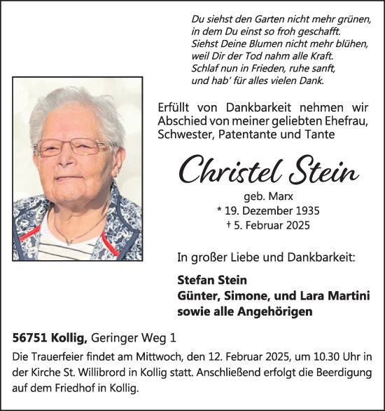 Traueranzeige von Christel Stein von WochenSpiegel