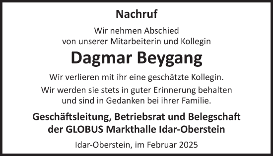 Traueranzeige von Dagmar Beygang von WochenSpiegel