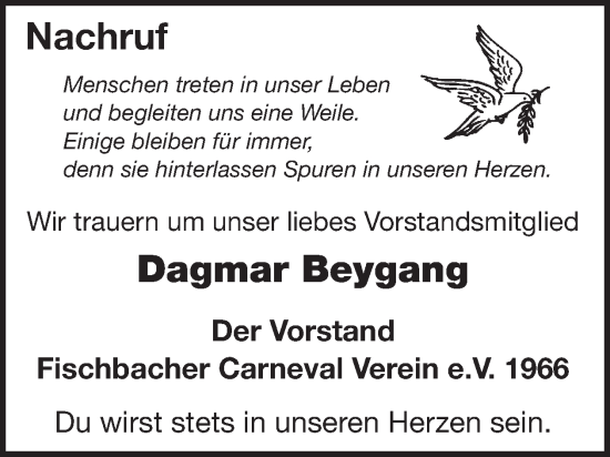 Traueranzeige von Dagmar Beygang von WochenSpiegel