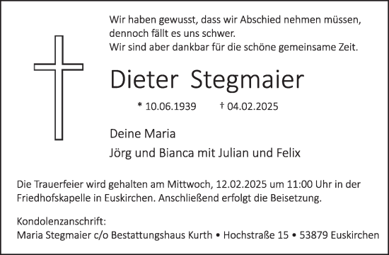 Traueranzeige von Dieter Stegmaier von WochenSpiegel