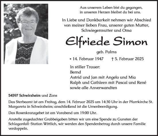 Traueranzeige von Elfriede Simon von WochenSpiegel