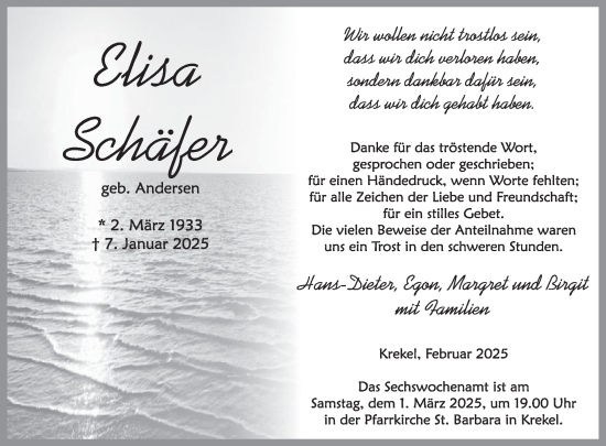 Traueranzeige von Elisa Schäfer von WochenSpiegel