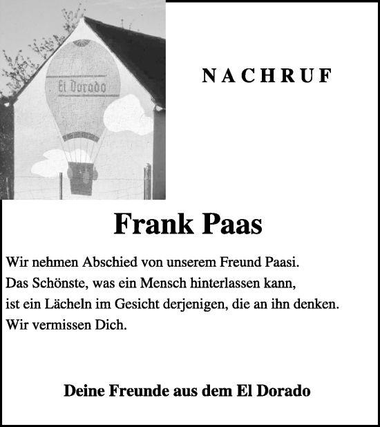 Traueranzeige von Frank Paas von WochenSpiegel