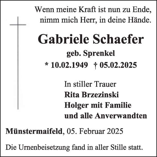 Traueranzeige von Gabriele Schaefer von WochenSpiegel