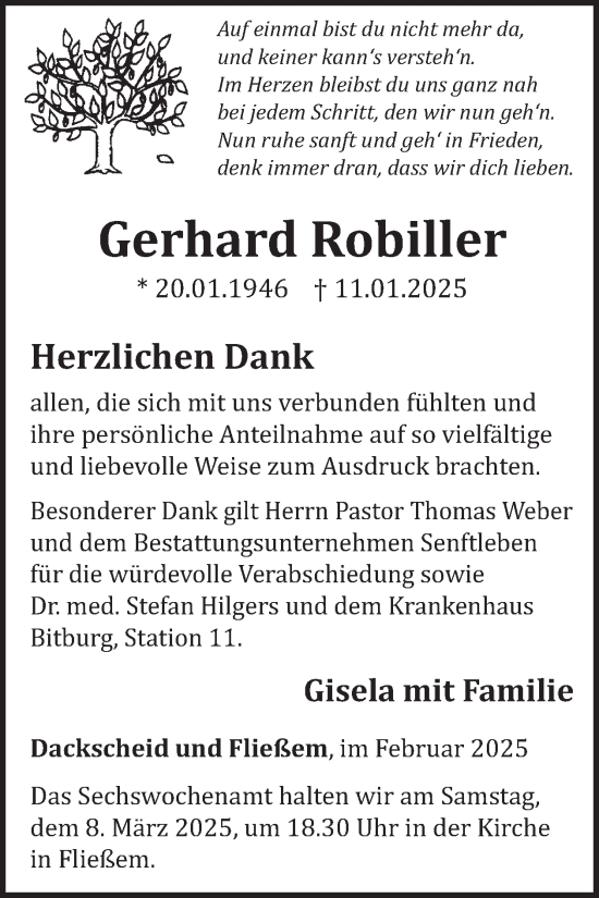 Traueranzeige von Gerhard Robiller von WochenSpiegel