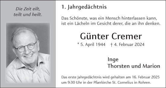 Traueranzeige von Günter Cremer von WochenSpiegel