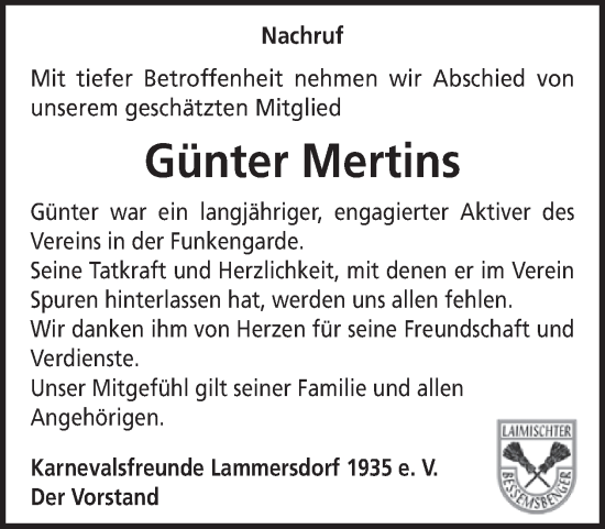 Traueranzeige von Günter Mertins von WochenSpiegel